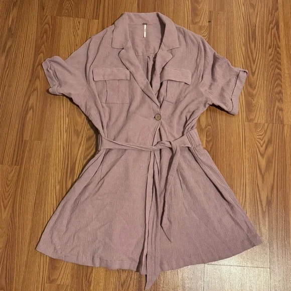 Free People Clementine Mauve Short Sleeve Belted Dress Size L Cotton‎ Linen - Picture 2 of 8